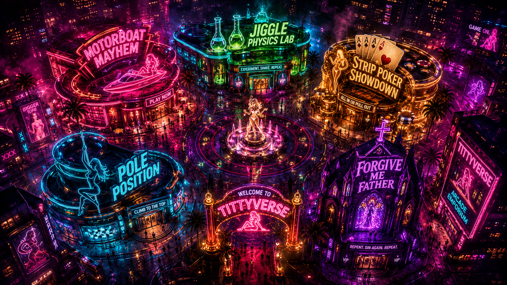 Bird's eye view of the Tittyverse Arcade District — Motorboat Mayhem, Jiggle Physics Lab, Strip Poker Showdown, Pole Position, and Forgive Me Father venues surrounding the central Tittyverse gate