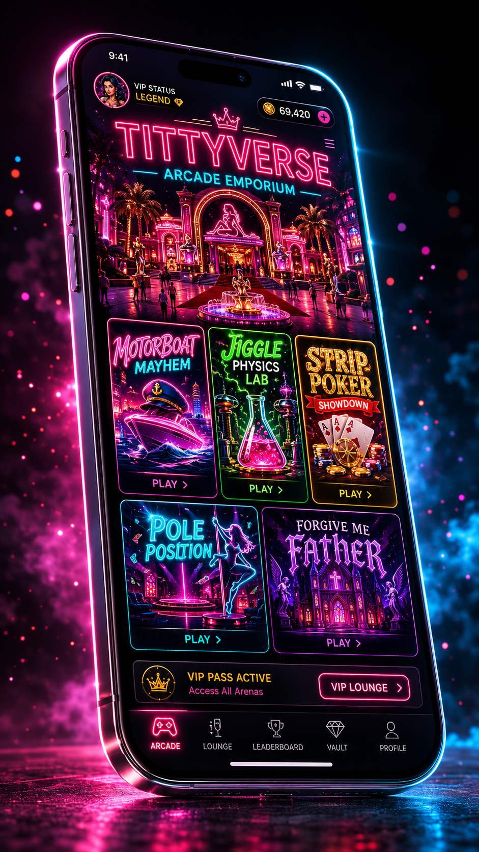 Tittyverse Arcade Emporium mobile app showing all five games